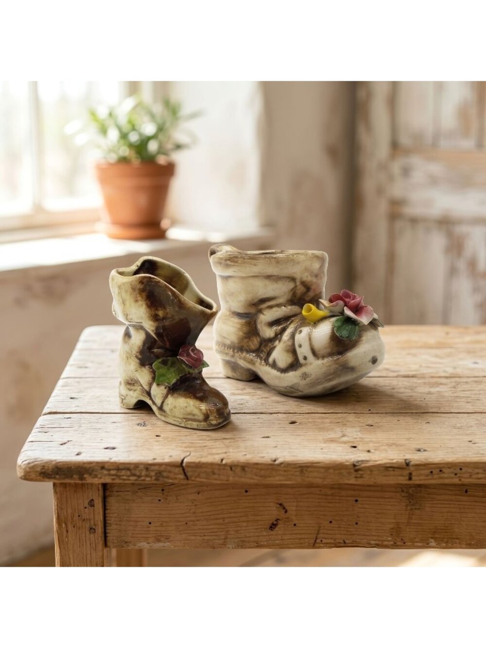 Vintage Capodimonte Boot Planters Pair Floral Porcelain Shoe Figurines Italy 5"